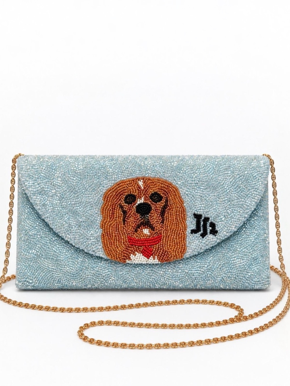 MOYNA collaboration Blue beaded dog portrait shoulder bag